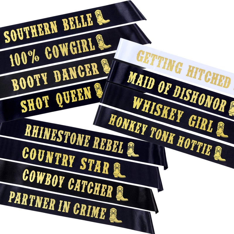 Pop Fizz Designs Nashville Bachelorette Party Sashes | 12 Pack | Includes 1 Bride Sash â€œGetting Hitchedâ€ | 11 Funny Bride Tribe Sashes for Bridal Party - Image 1